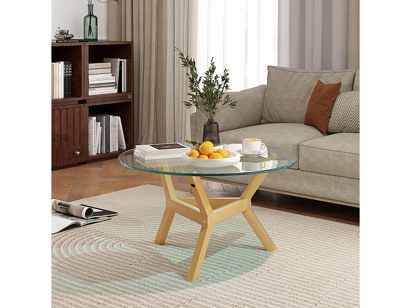 Mesa de centro redonda 80x80x45cm con tapa de cristal templado transparente y patas imitación madera