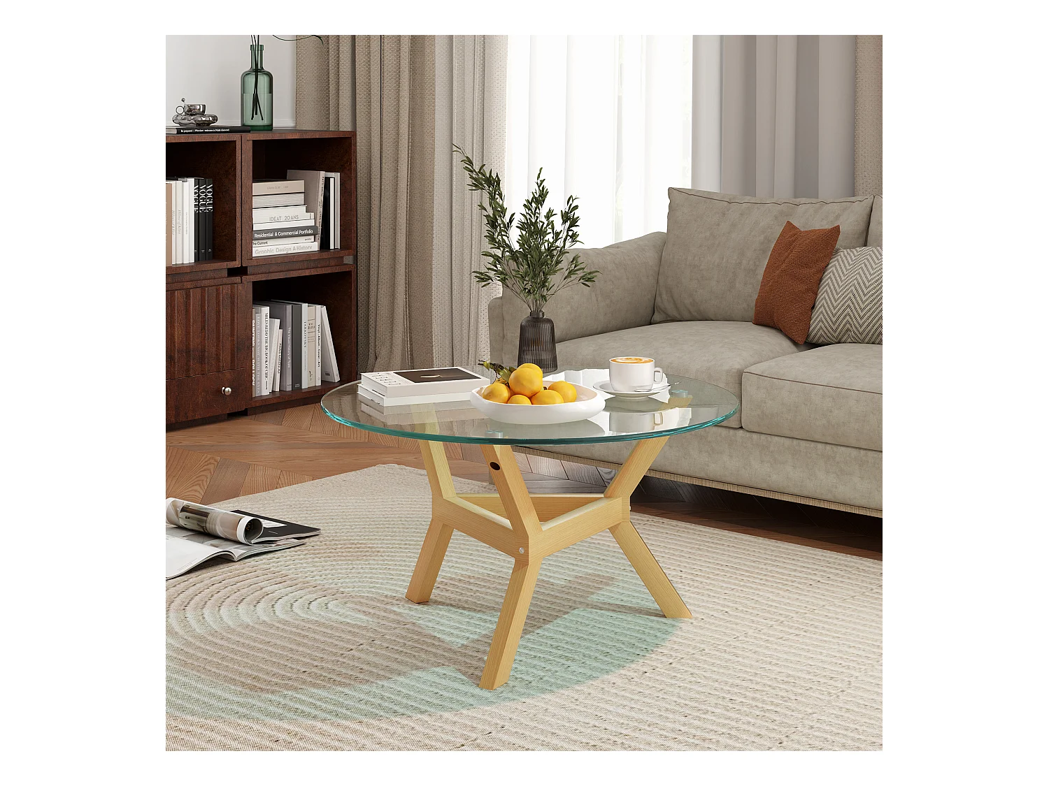 Table basse ronde 80x80x45cm avec plateau en verre trempé transparent et pieds en imitation bois