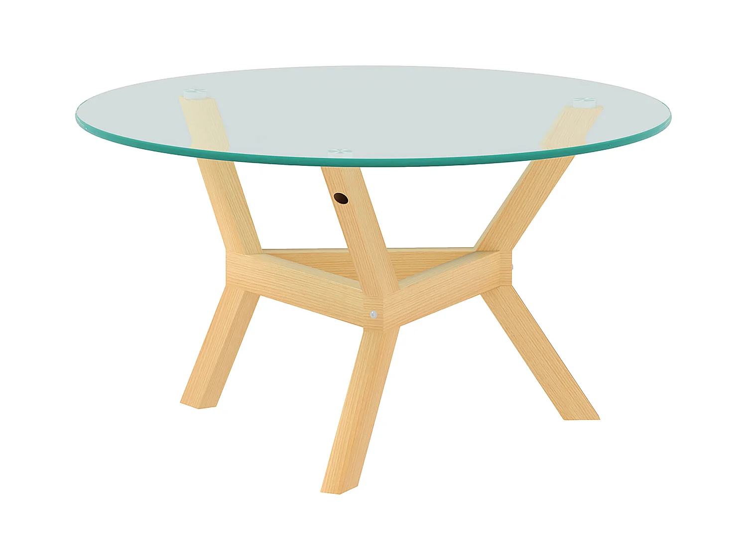 Table basse ronde 80x80x45cm avec plateau en verre trempé transparent et pieds en imitation bois