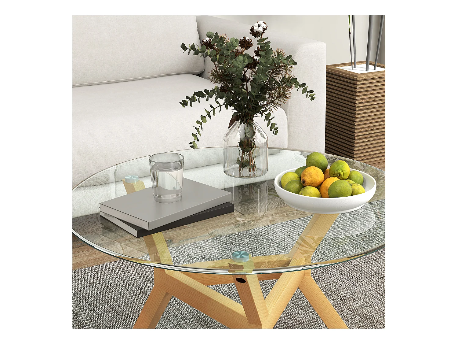 Table basse ronde 80x80x45cm avec plateau en verre trempé transparent et pieds en imitation bois