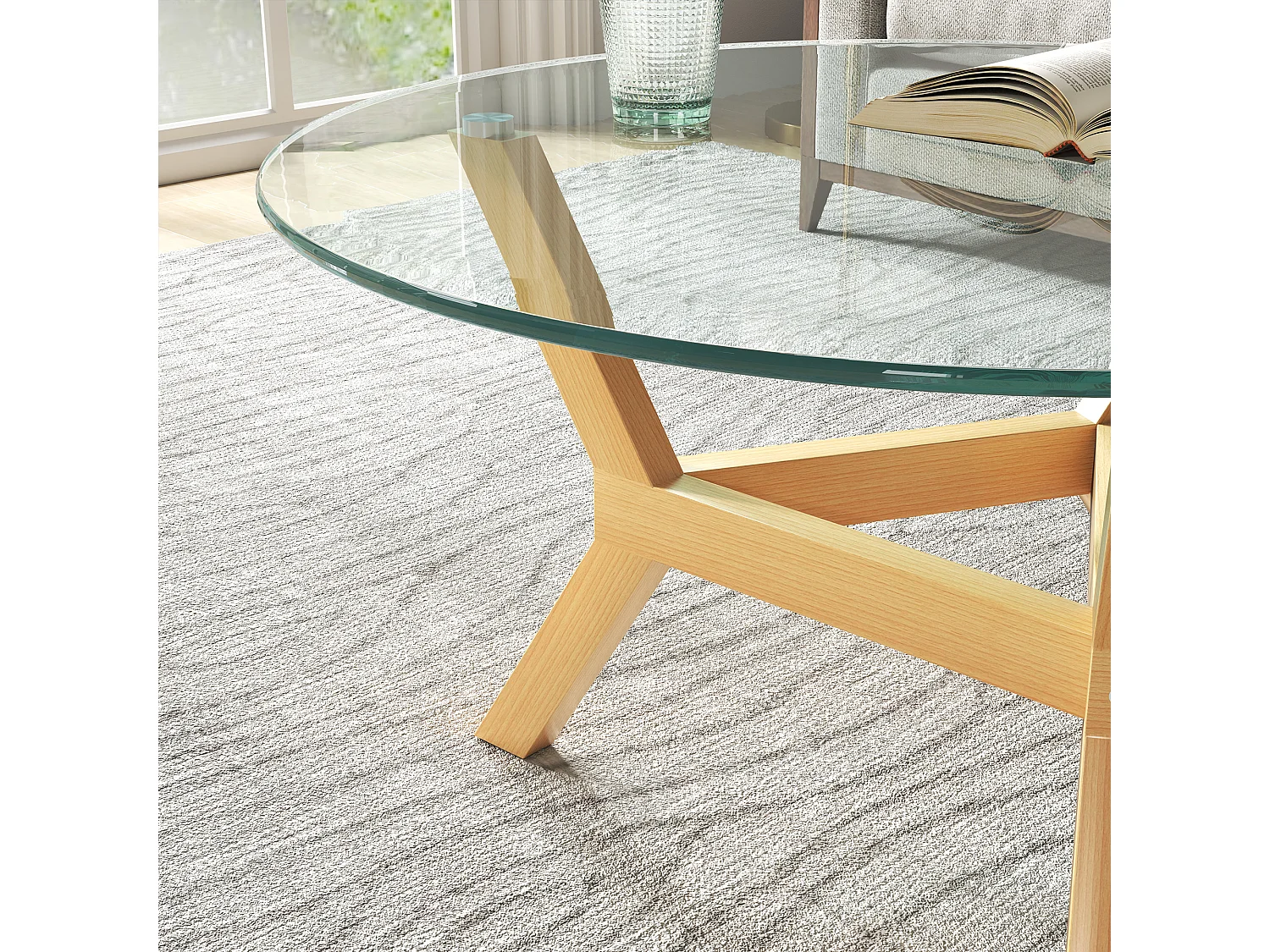 Table basse ronde 80x80x45cm avec plateau en verre trempé transparent et pieds en imitation bois