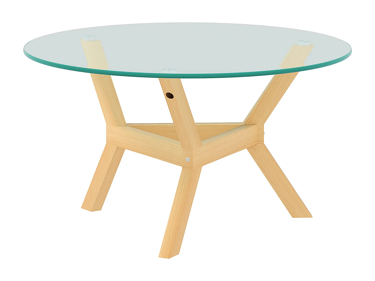 Table basse ronde 80x80x45cm avec plateau en verre trempé transparent et pieds en imitation bois