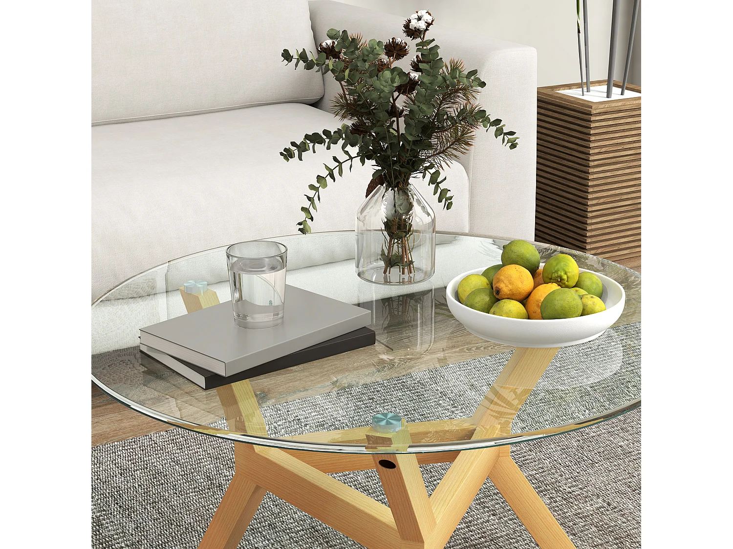Table basse ronde 80x80x45cm avec plateau en verre trempé transparent et pieds en imitation bois