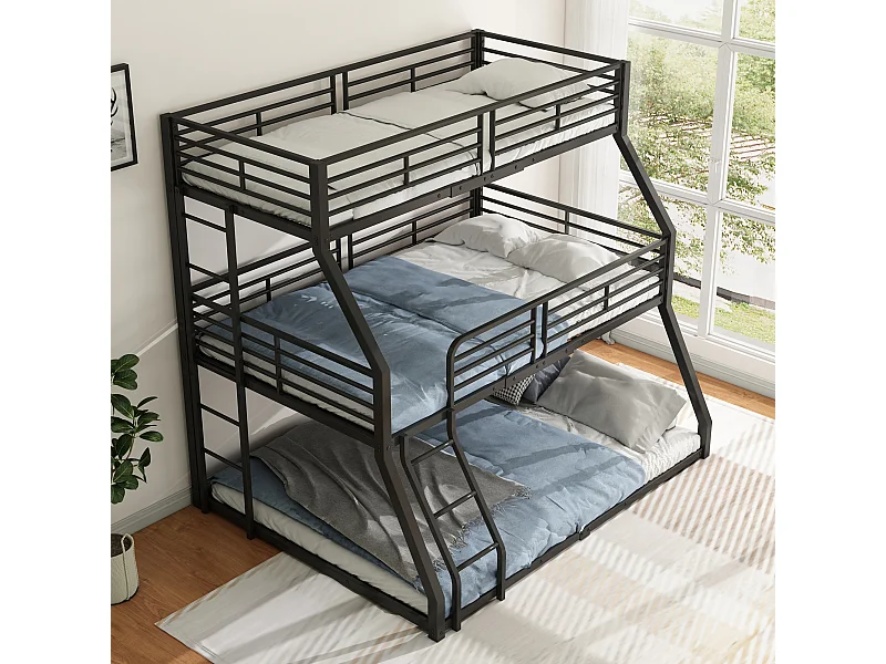 Lit superposé triple vertical enfant 90/120/140x200cm avec échelles et barrières de sécurité, cadre en métal noir