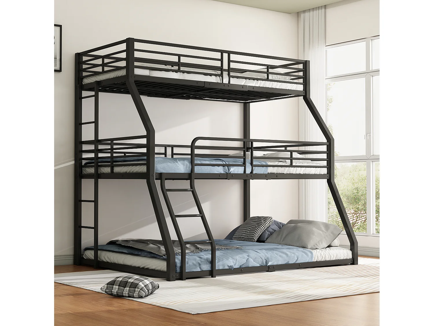 Lit superposé triple vertical enfant 90/120/140x200cm avec échelles et barrières de sécurité, cadre en métal noir