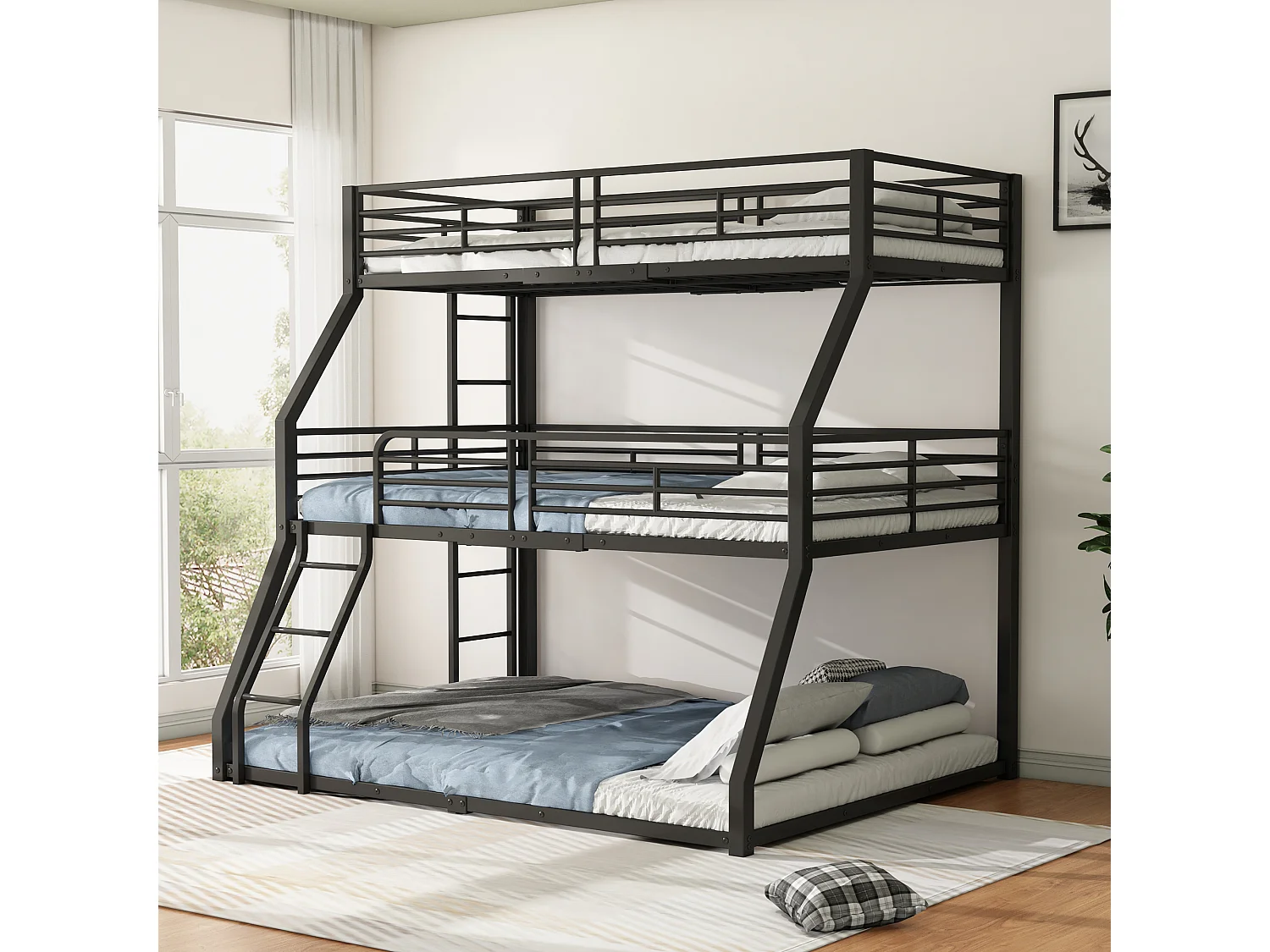 Lit superposé triple vertical enfant 90/120/140x200cm avec échelles et barrières de sécurité, cadre en métal noir