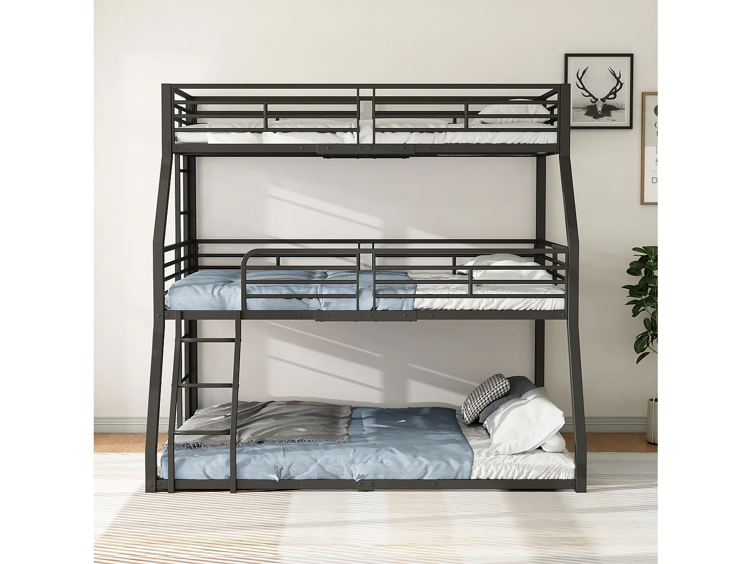 Lit superposé triple vertical enfant 90/120/140x200cm avec échelles et barrières de sécurité, cadre en métal noir