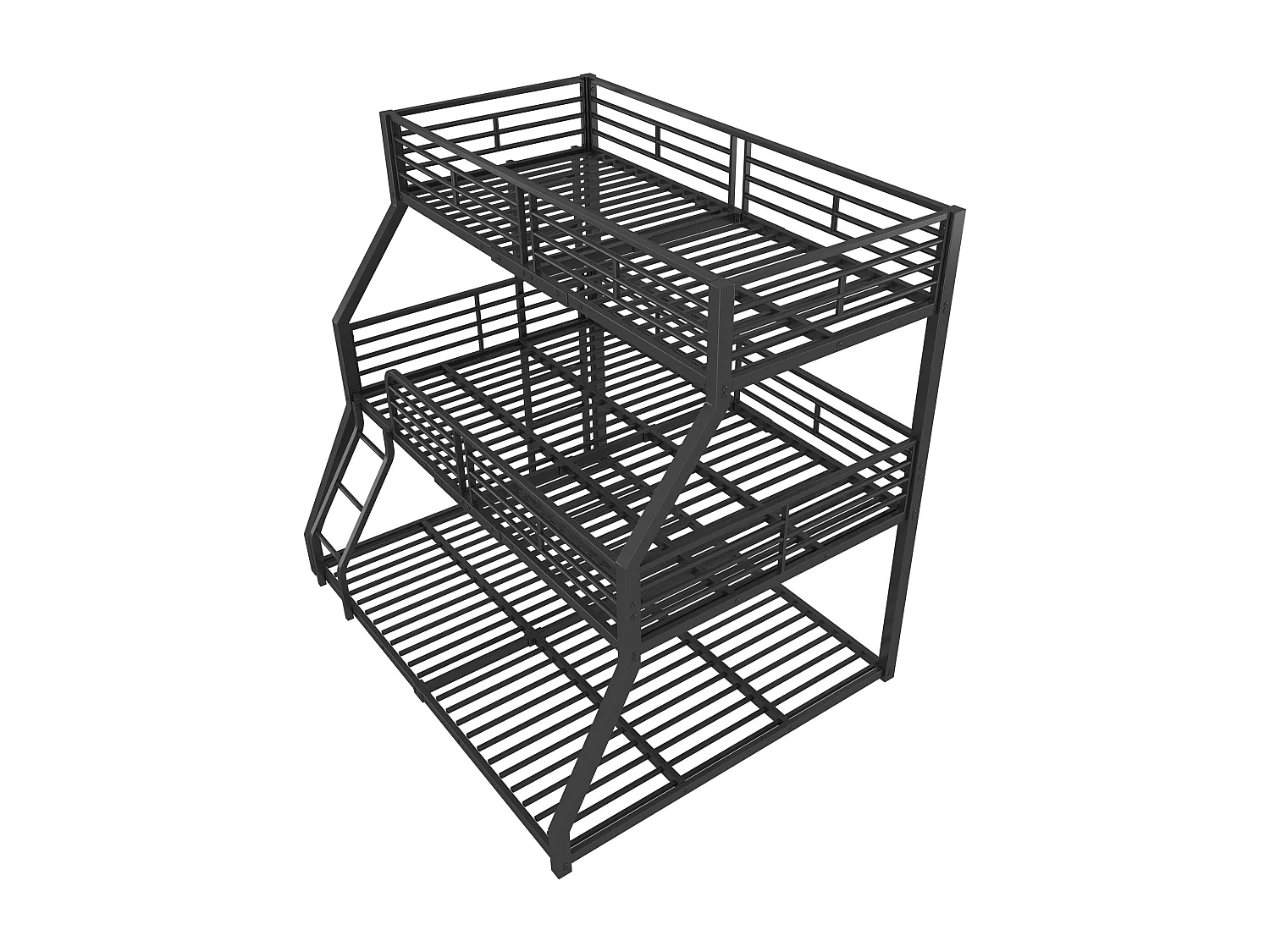 Lit superposé triple vertical enfant 90/120/140x200cm avec échelles et barrières de sécurité, cadre en métal noir