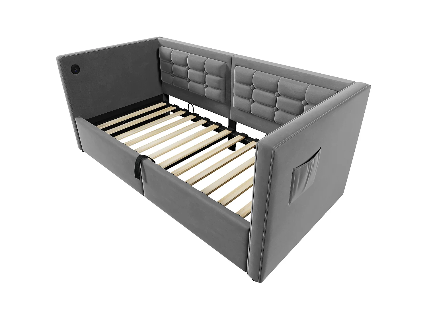 Letto contenitore 90x190cm, letto per bambini con USB tipo C, tessuto in velluto grigio, rete a doghe, senza materasso