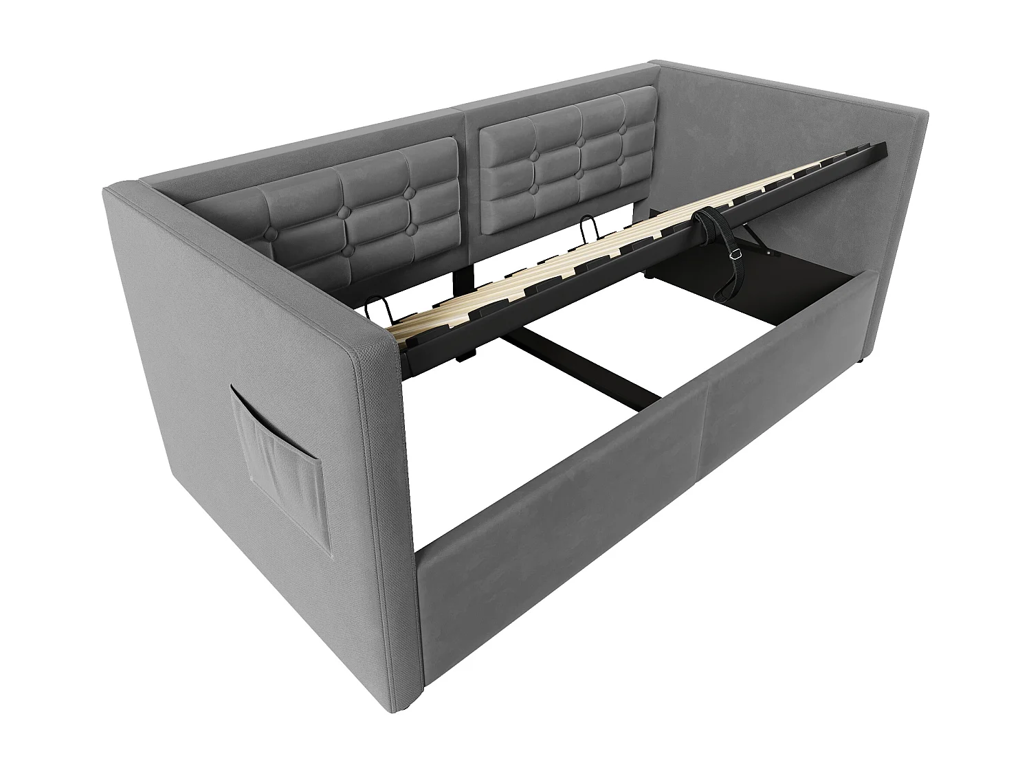 Lit coffre banquette 90x190cm, lit enfant avec USB type-C, tissu en velours gris, sommier à lattes, sans matelas