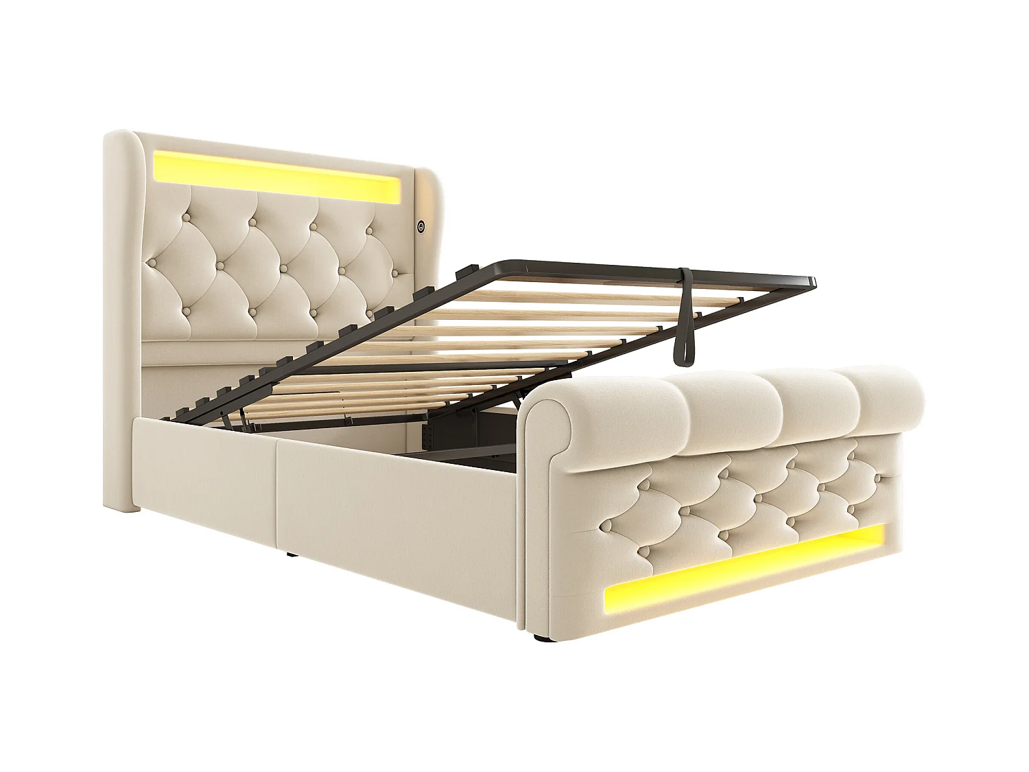 Lit coffre enfant 90x200cm avec LED et USB type-C, Tissu en velours beige, sommier à lattes, sans matelas