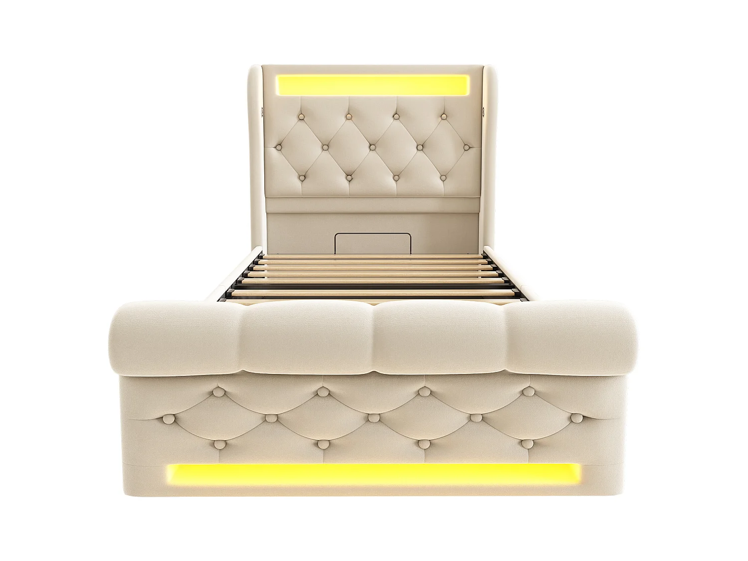 Lit coffre enfant 90x200cm avec LED et USB type-C, Tissu en velours beige, sommier à lattes, sans matelas