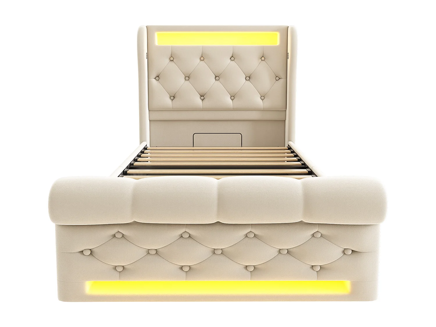 Lit coffre enfant 90x200cm avec LED et USB type-C, Tissu en velours beige, sommier à lattes, sans matelas