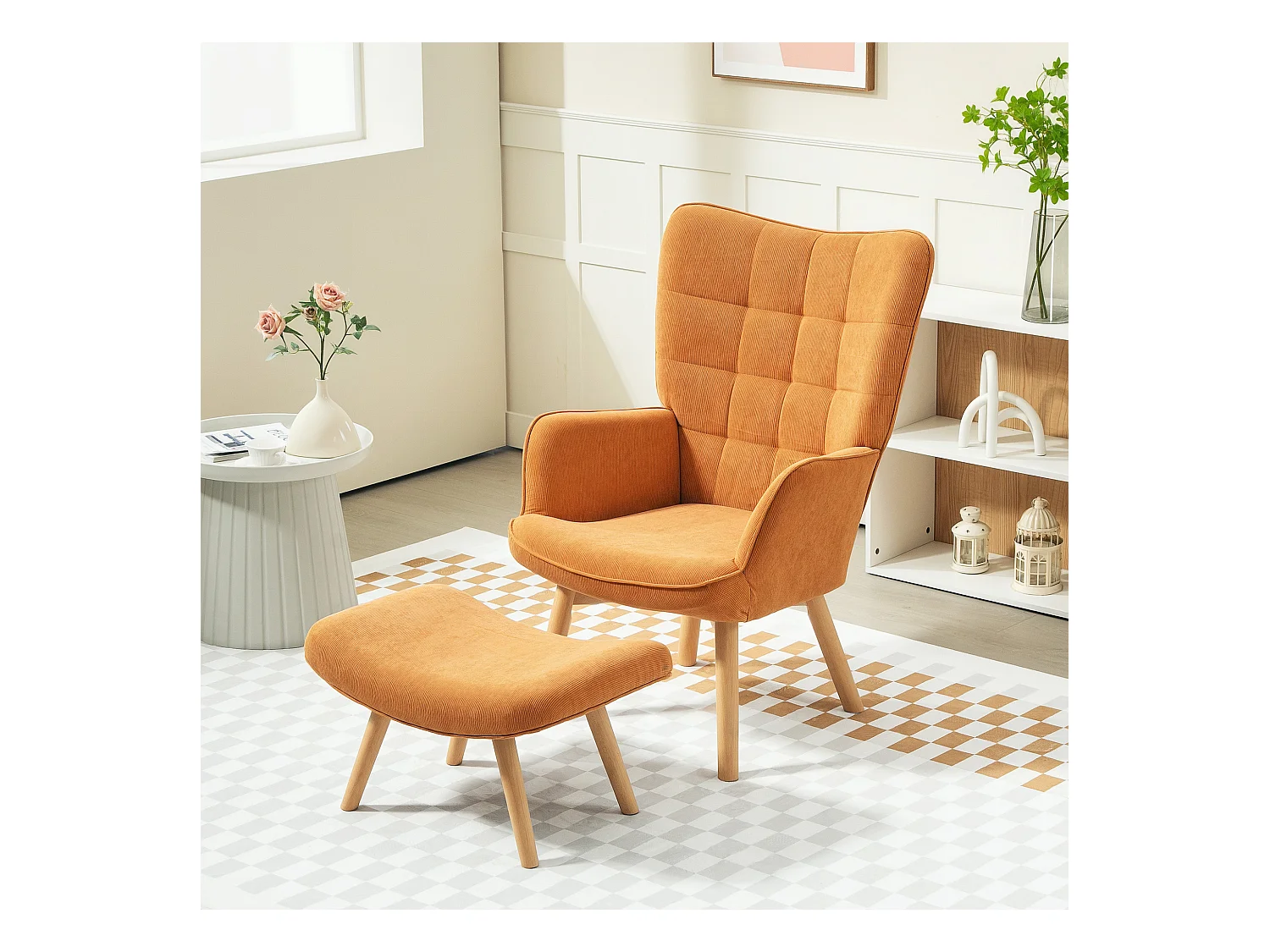 Fauteuil capitonné avec tabouret en velours côtelé, pieds en bois, marron