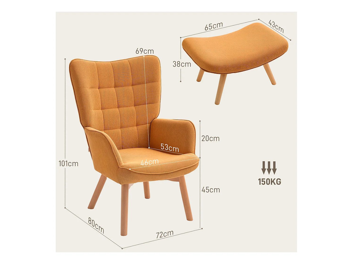 Fauteuil capitonné avec tabouret en velours côtelé, pieds en bois, marron