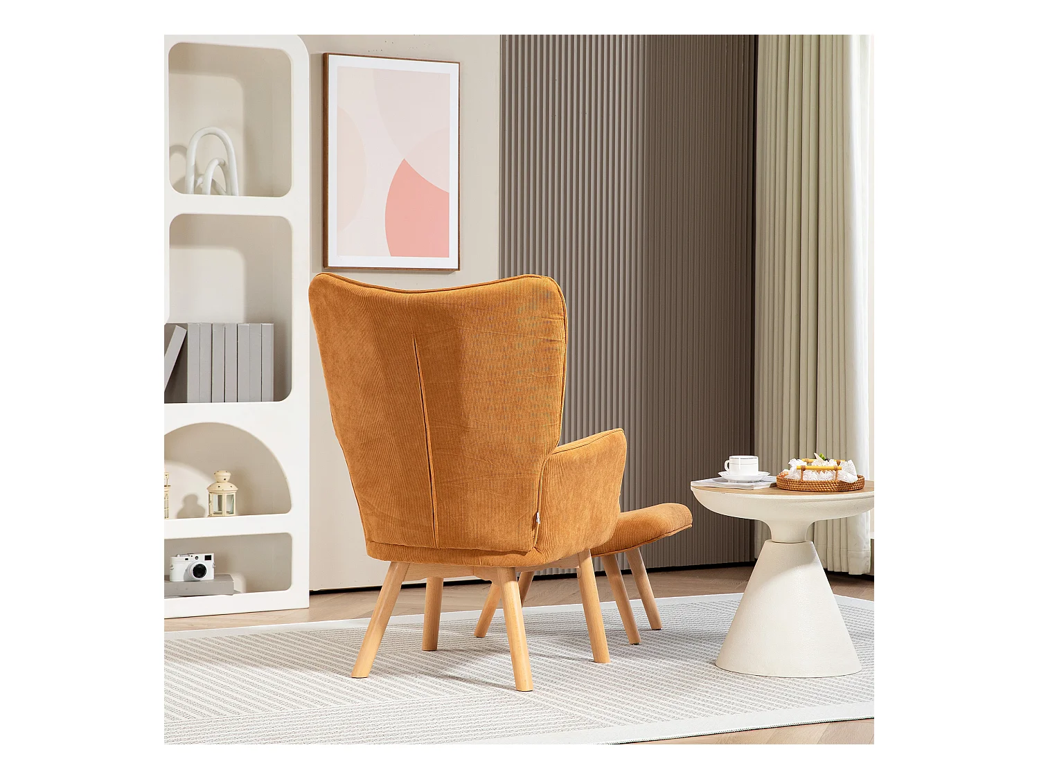 Fauteuil capitonné avec tabouret en velours côtelé, pieds en bois, marron
