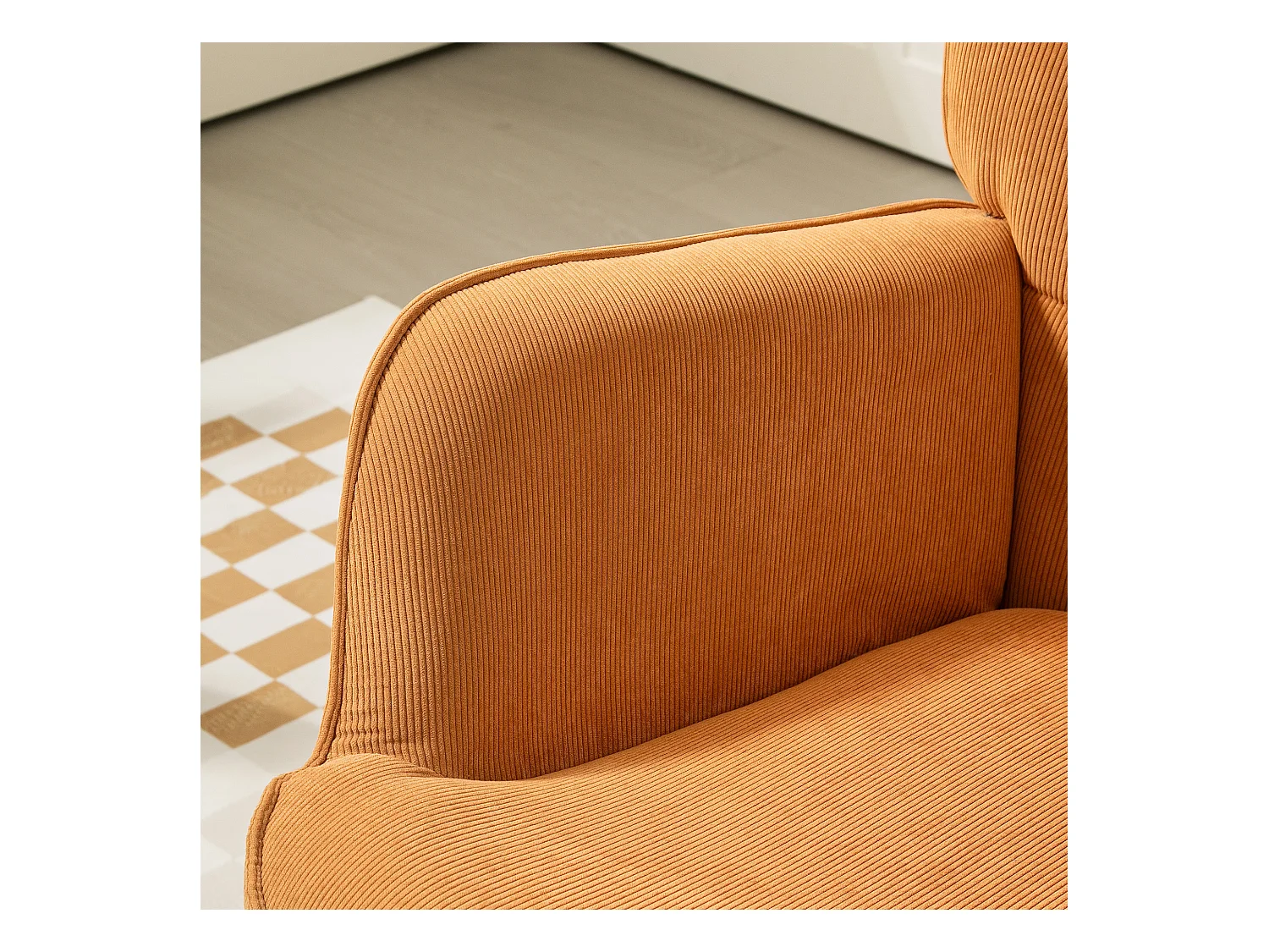 Fauteuil capitonné avec tabouret en velours côtelé, pieds en bois, marron