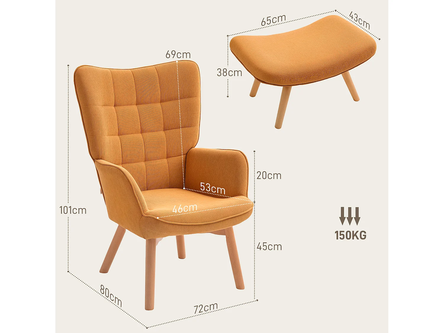 Fauteuil  avec tabouret en velours côtelé, pieds en bois, marron