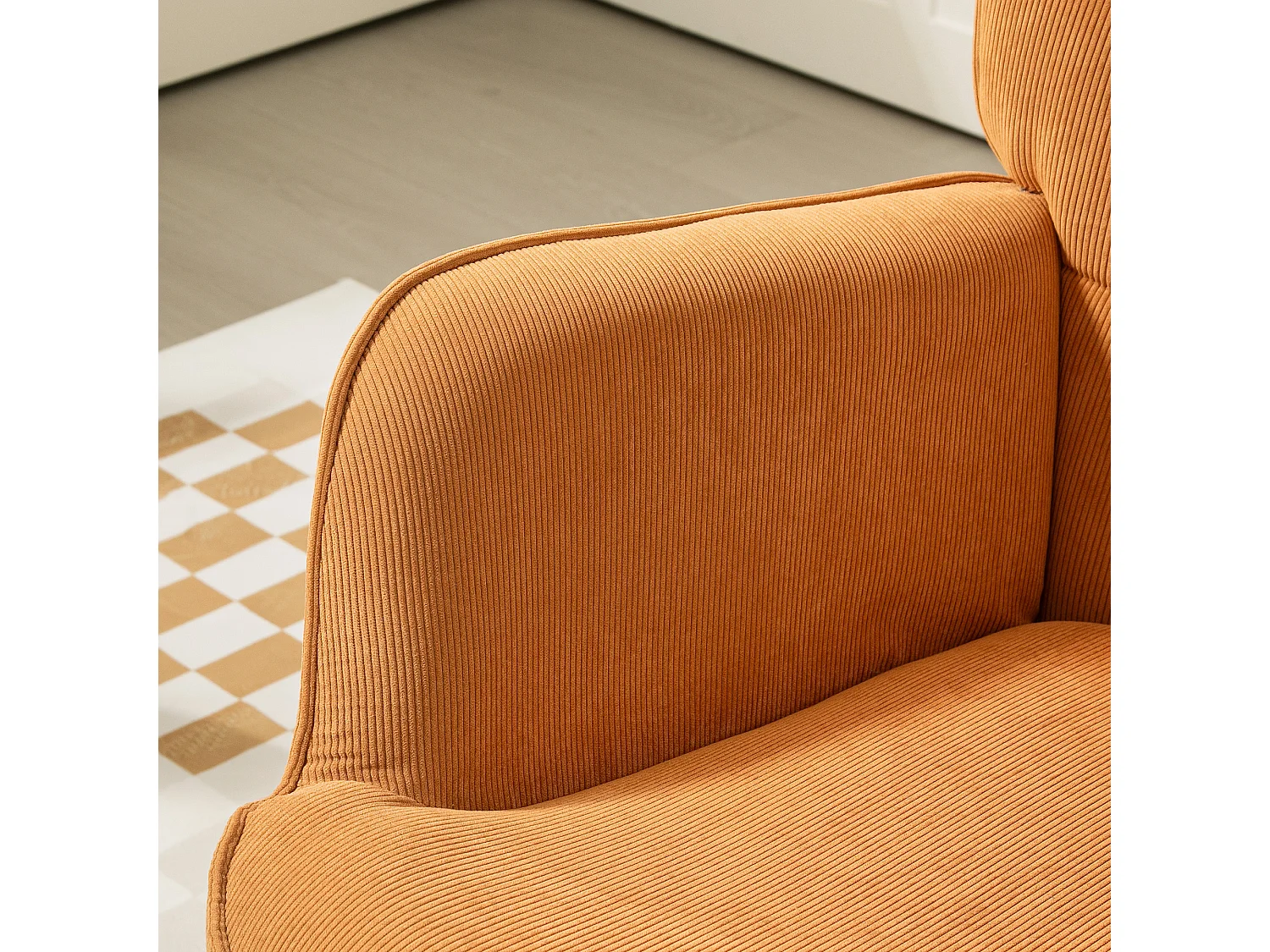 Fauteuil  avec tabouret en velours côtelé, pieds en bois, marron