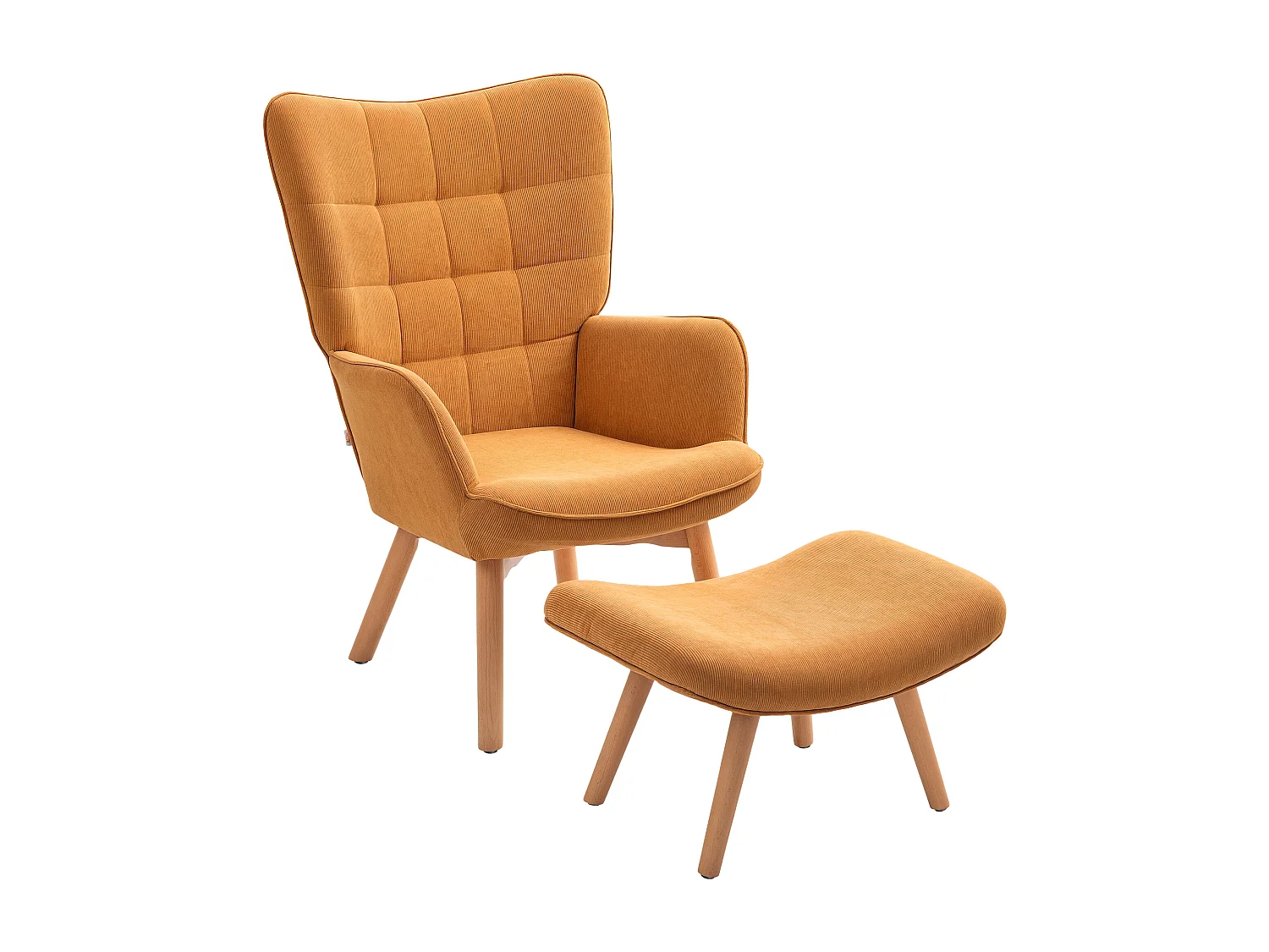 Fauteuil  avec tabouret en velours côtelé, pieds en bois, marron
