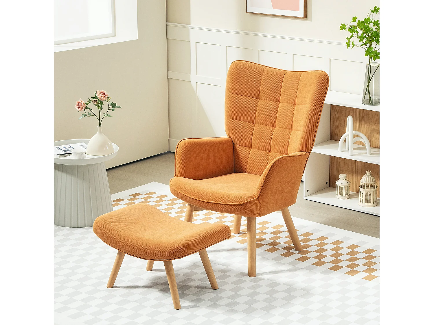 Fauteuil  avec tabouret en velours côtelé, pieds en bois, marron