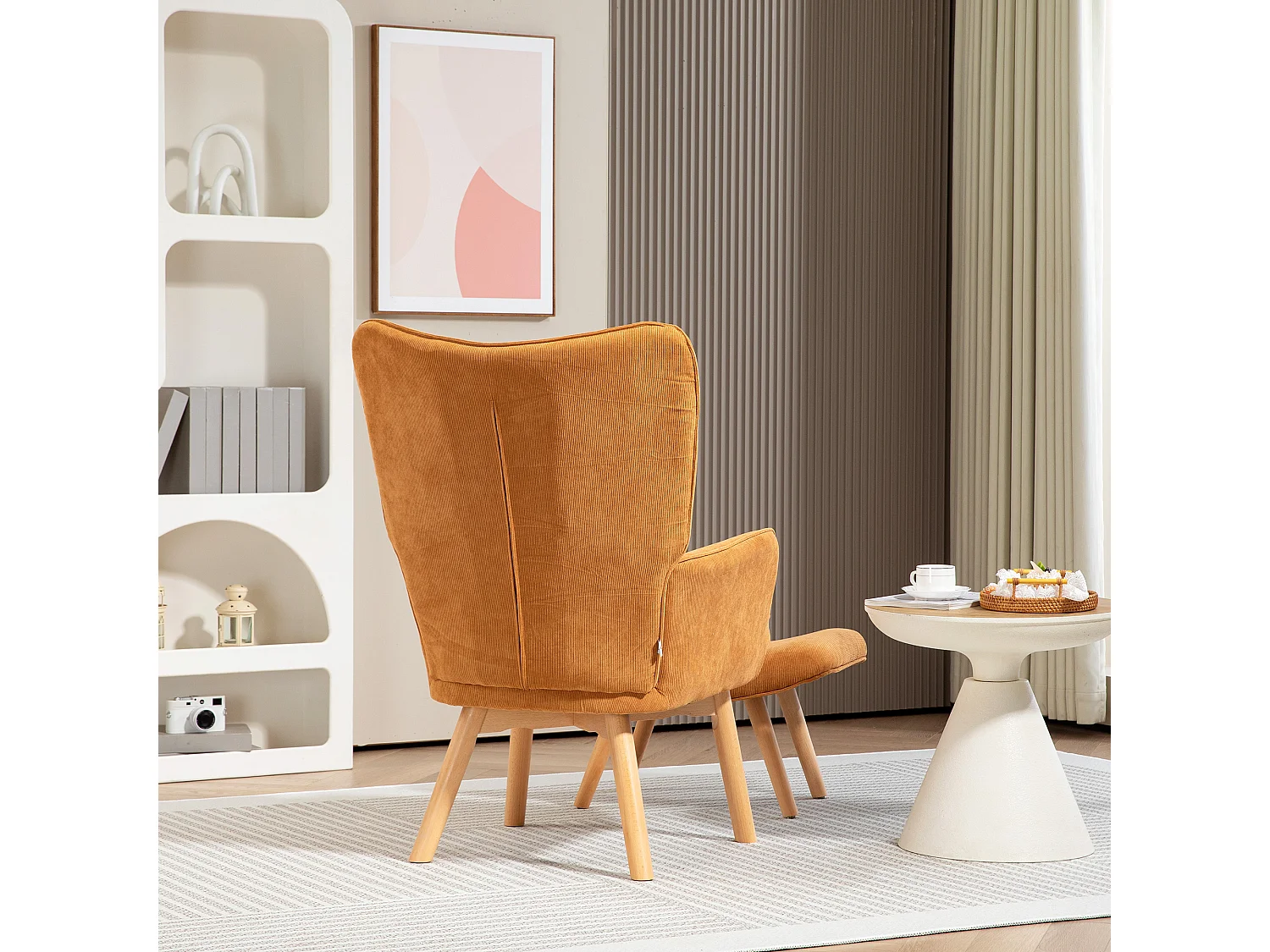 Fauteuil  avec tabouret en velours côtelé, pieds en bois, marron