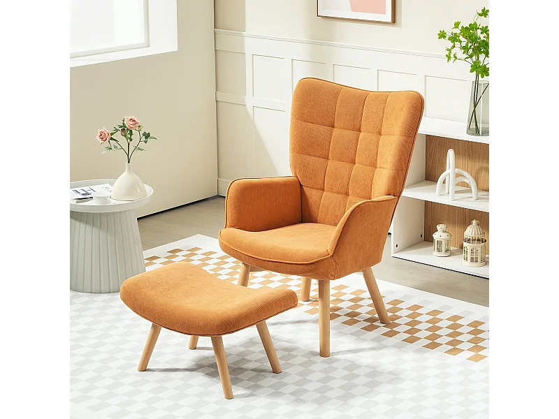 Fauteuil  avec tabouret en velours côtelé, pieds en bois, marron