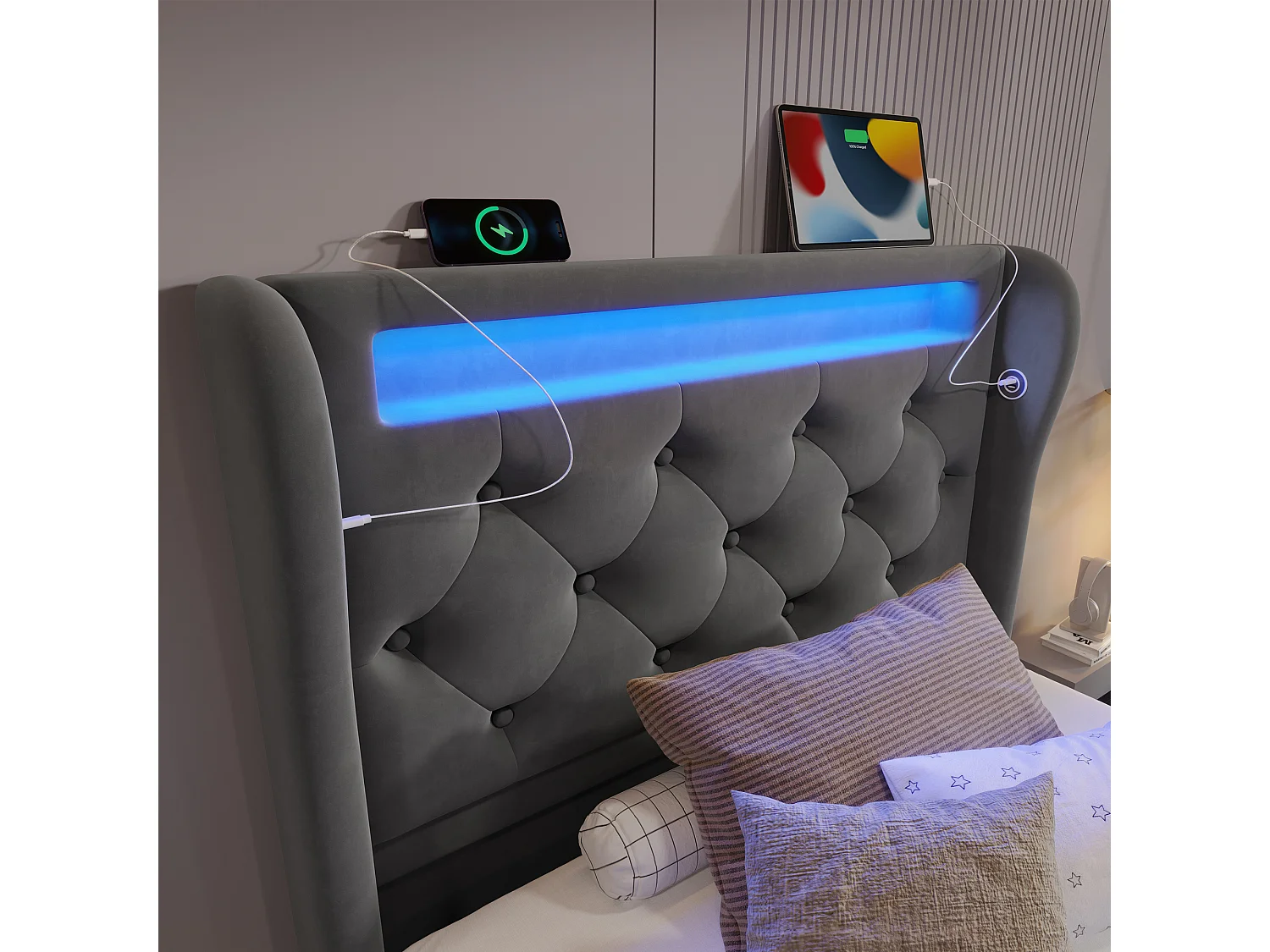 Lit coffre enfant 90x200cm avec LED et USB type-C, Tissu en velours gris, sommier à lattes, sans matelas