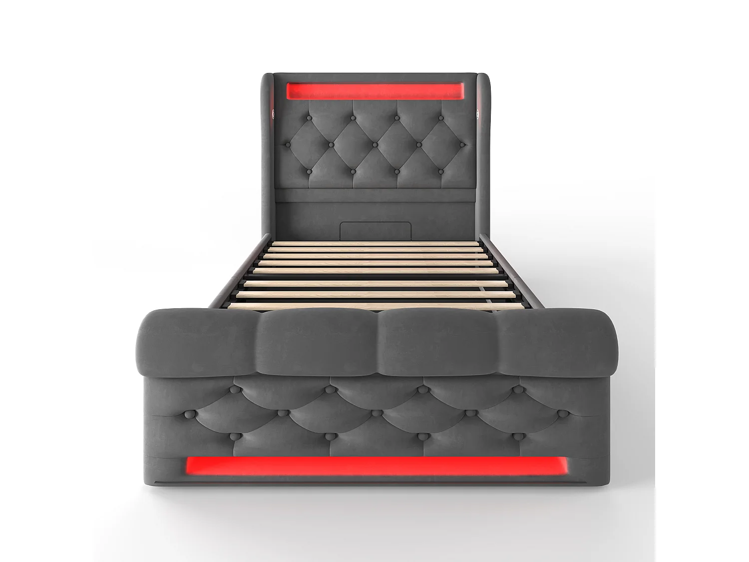 Lit coffre enfant 90x200cm avec LED et USB type-C, Tissu en velours gris, sommier à lattes, sans matelas