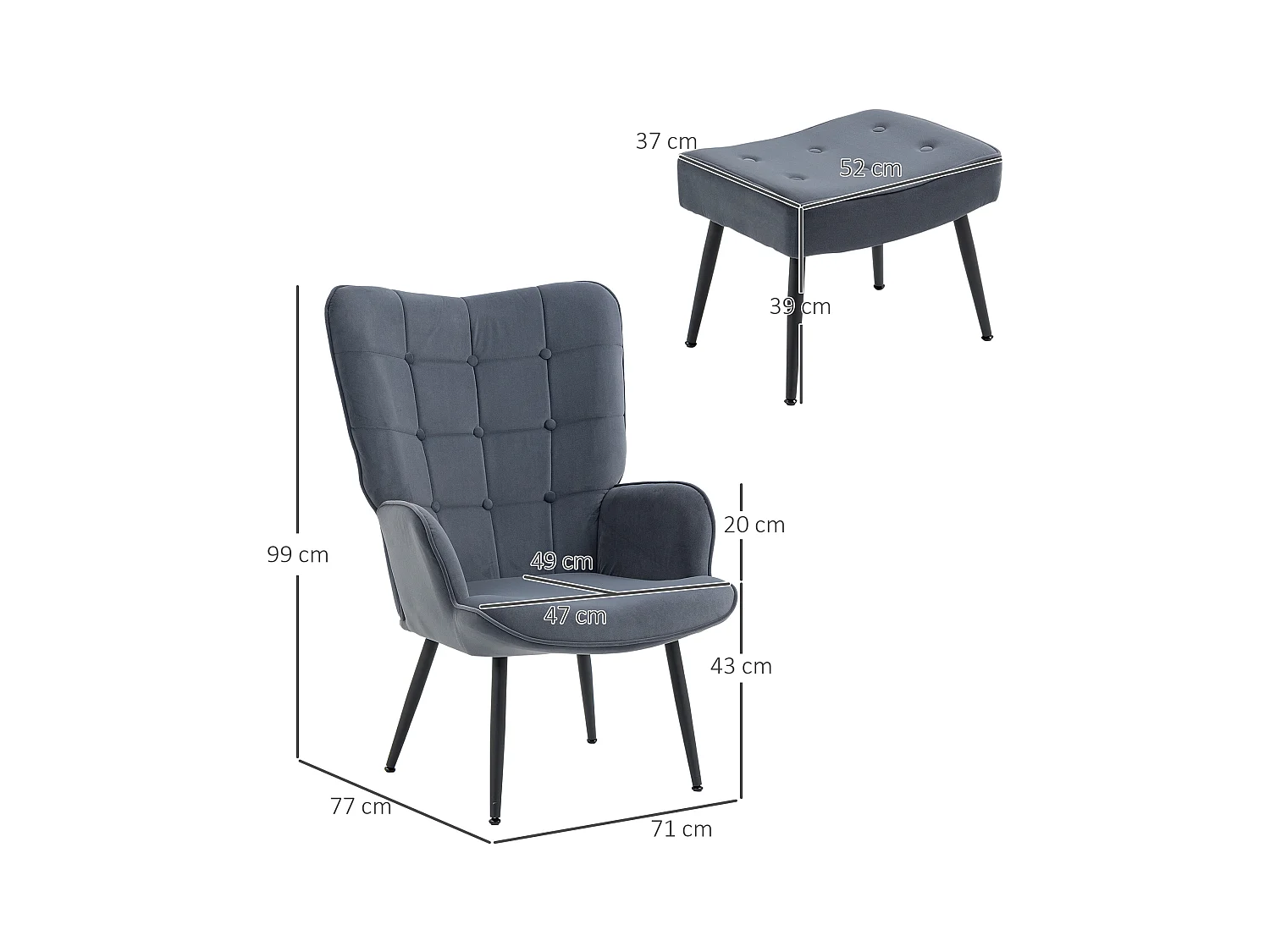 Fauteuil capitonné avec tabouret en velours gris, pieds en métal noir
