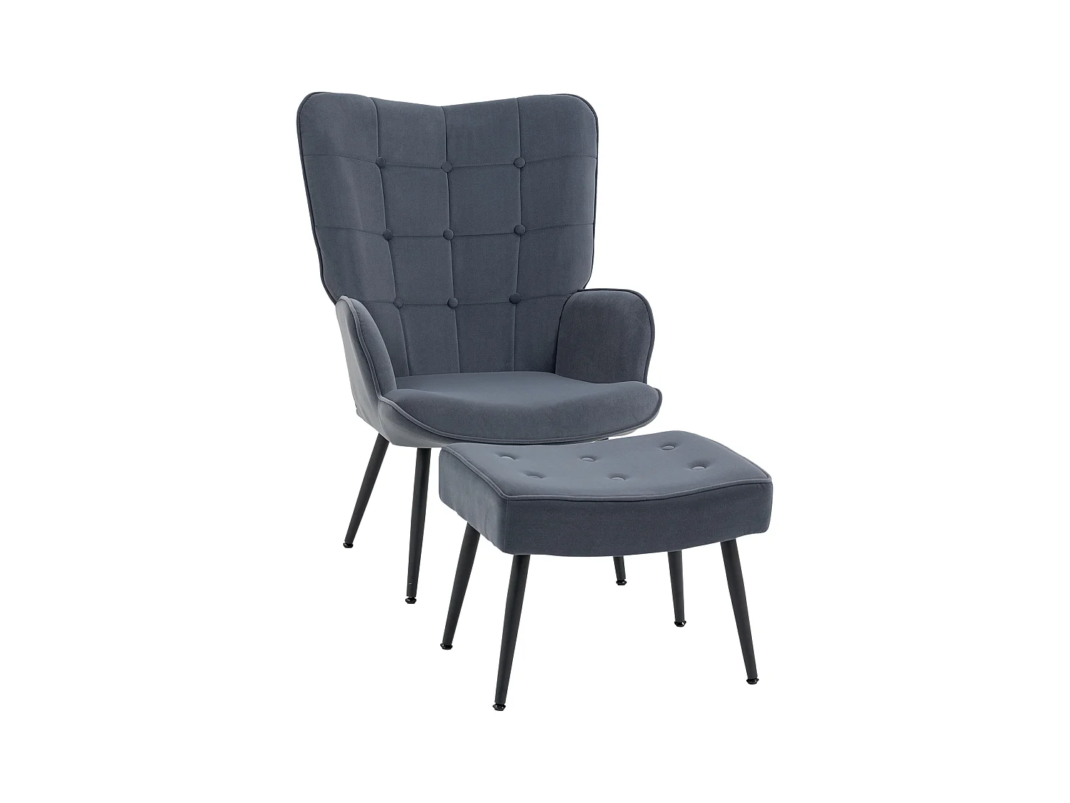 Fauteuil capitonné avec tabouret en velours gris, pieds en métal noir