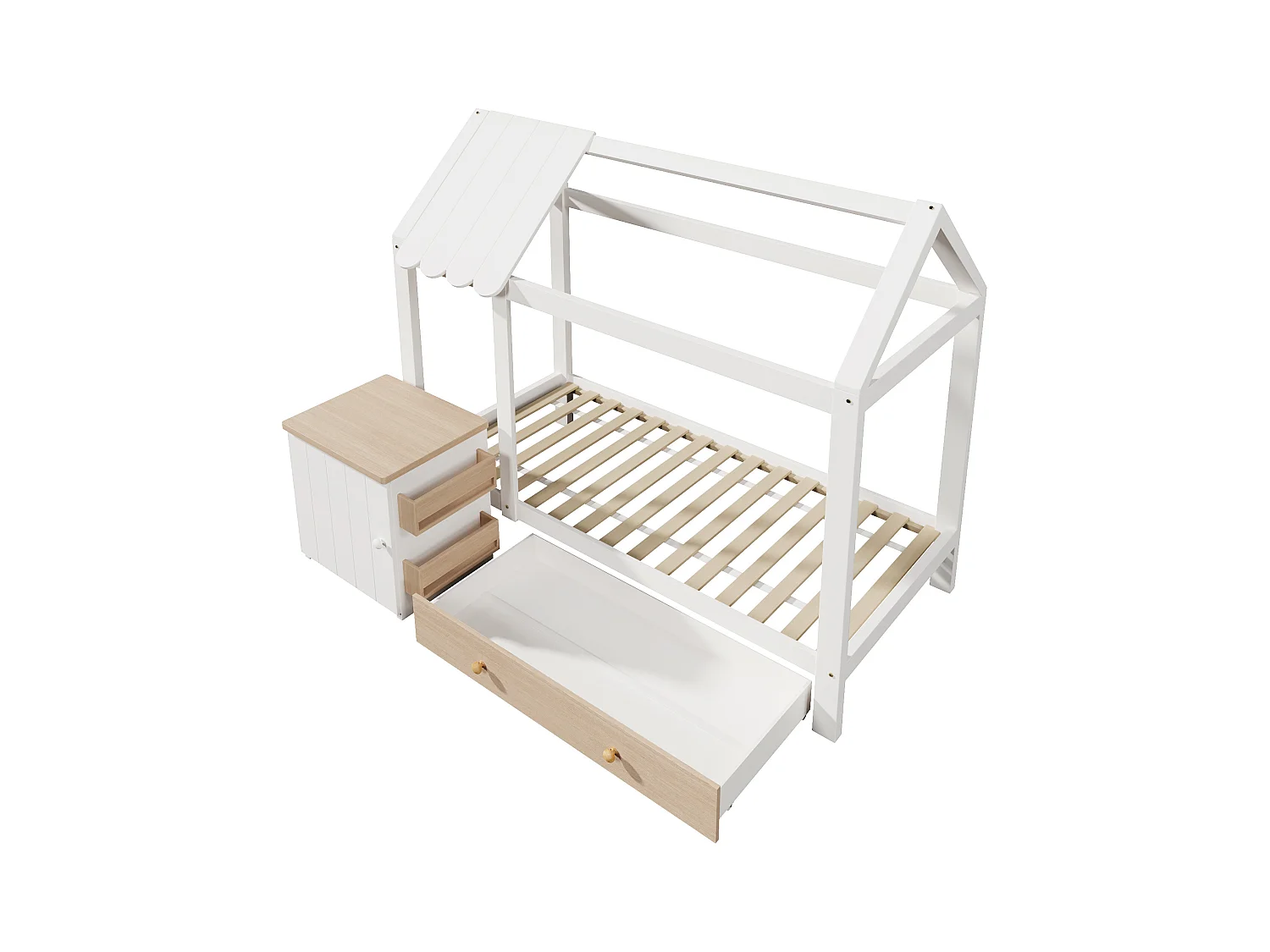 Lit cabane enfant 90x200cm avec tiroir et chevet, cadre en pin, sommier à lattes, sans matelas, Chêne blanc