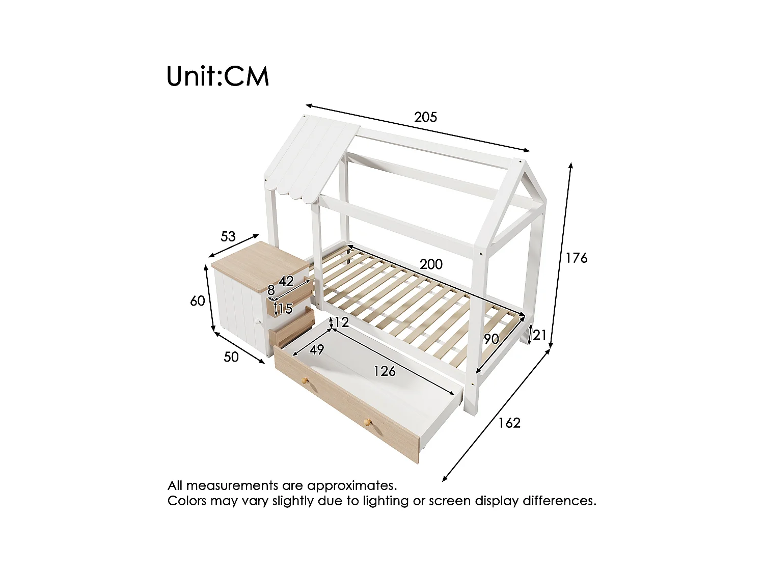 Lit cabane enfant 90x200cm avec tiroir et chevet, cadre en pin, sommier à lattes, sans matelas, Chêne blanc