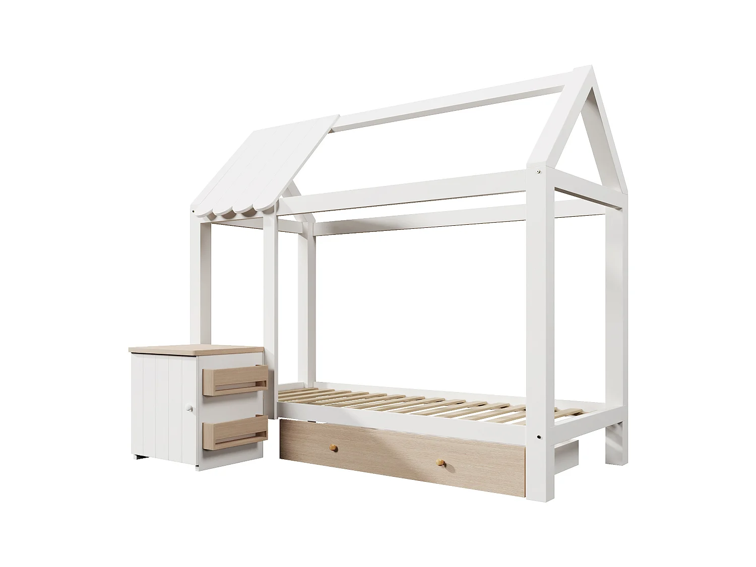 Lit cabane enfant 90x200cm avec tiroir et chevet, cadre en pin, sommier à lattes, sans matelas, Chêne blanc