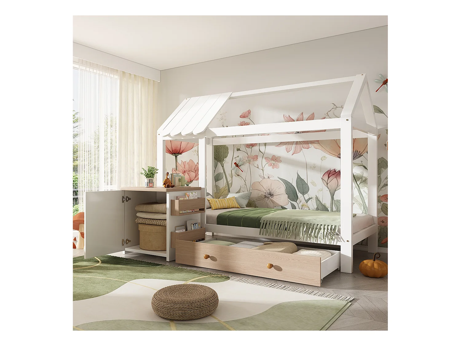 Lit cabane enfant 90x200cm avec tiroir et chevet, cadre en pin, sommier à lattes, sans matelas, Chêne blanc