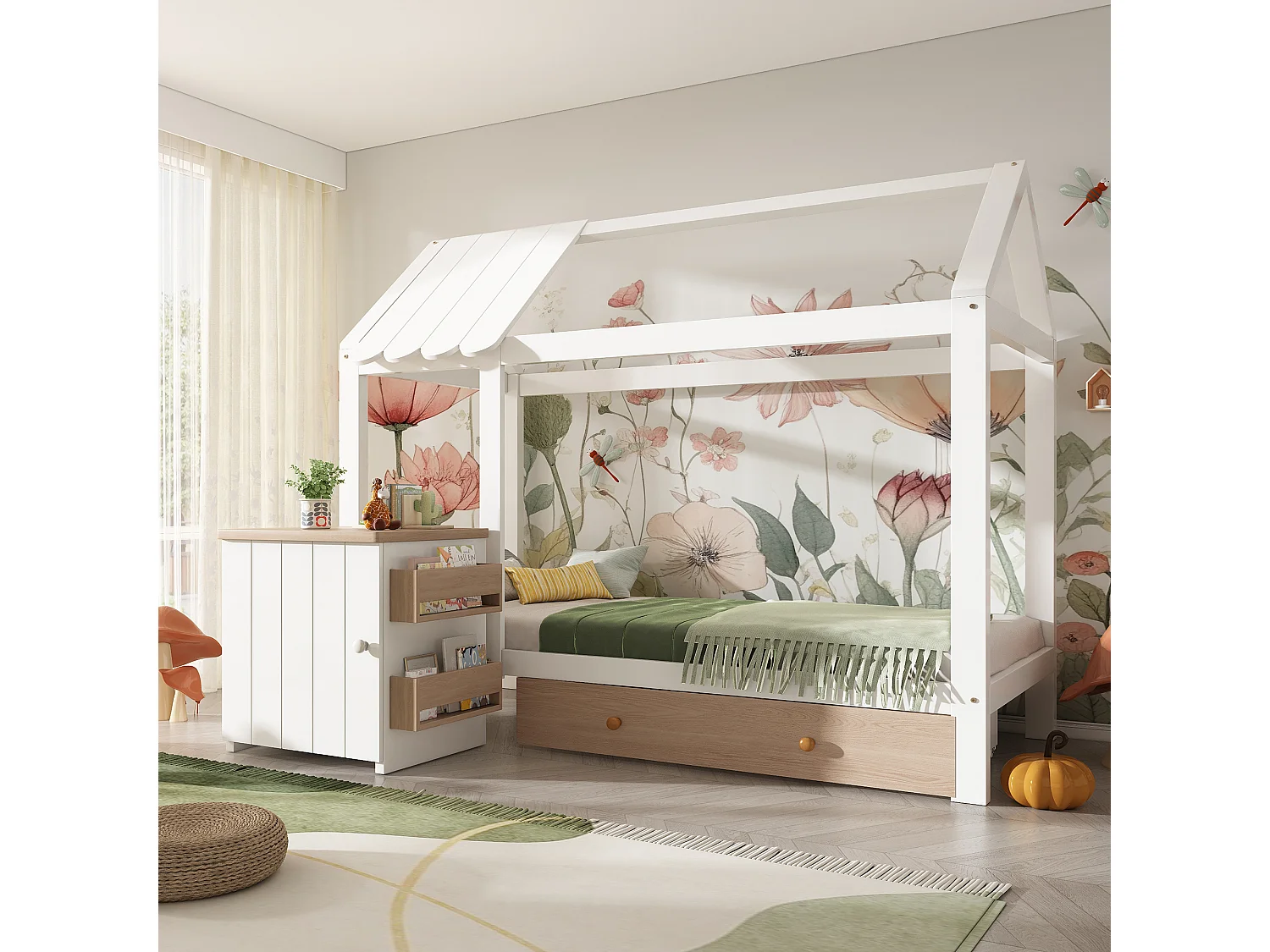 Lit cabane enfant 90x200cm avec tiroir et chevet, cadre en pin, sommier à lattes, sans matelas, Chêne blanc