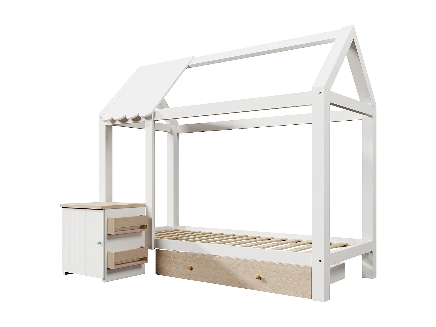 Lit cabane enfant 90x200cm avec tiroir et chevet, cadre en pin, sommier à lattes, sans matelas, Chêne blanc