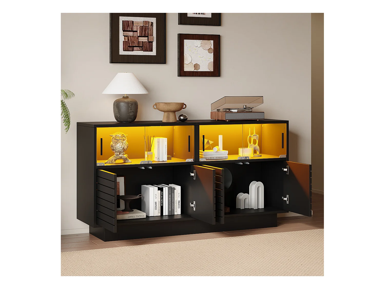 Buffet 130x35x68cm avec 4 portes coulissantes en verre et 4 portes battantes noir, LED inclus
