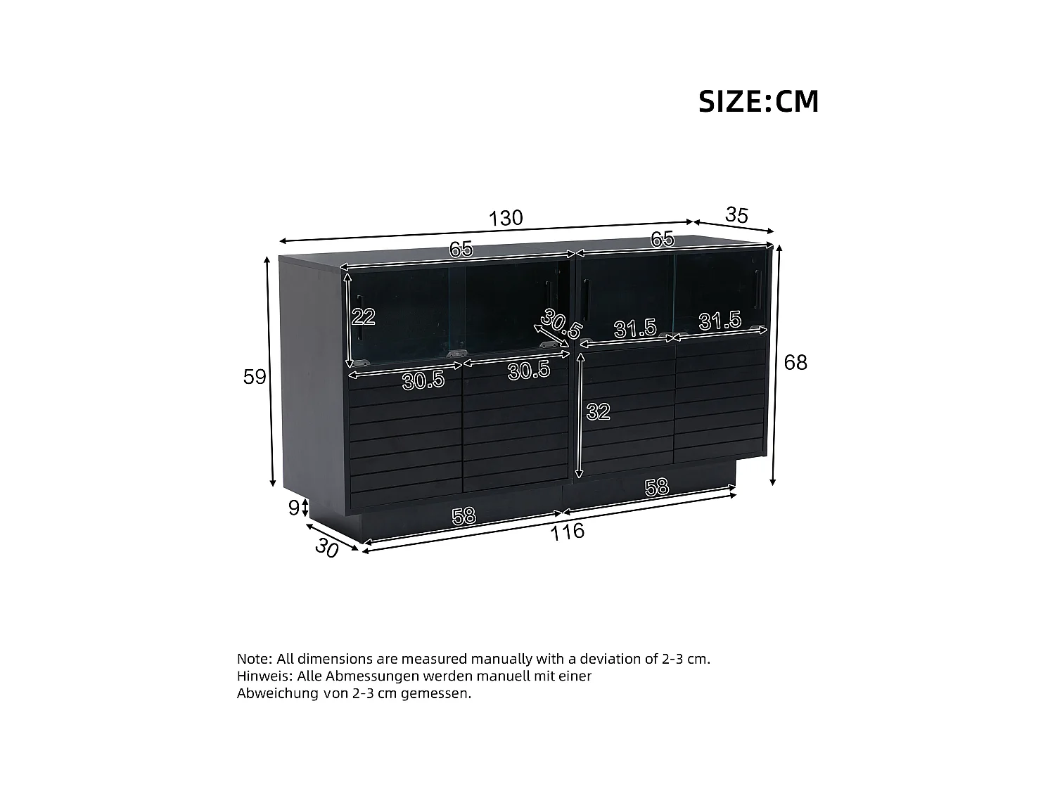 Buffet 130x35x68cm avec 4 portes coulissantes en verre et 4 portes battantes noir, LED inclus