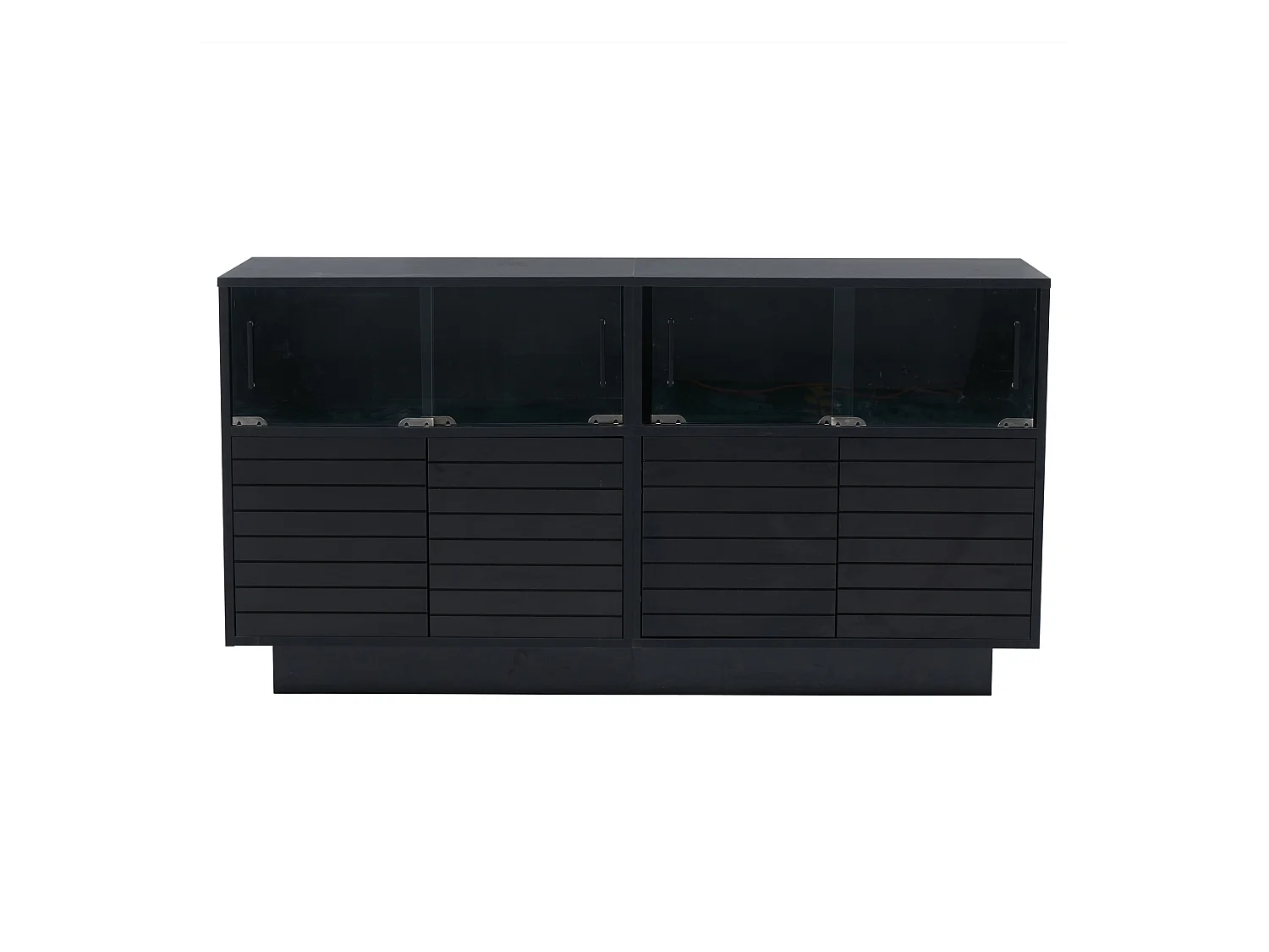 Buffet 130x35x68cm avec 4 portes coulissantes en verre et 4 portes battantes noir, LED inclus