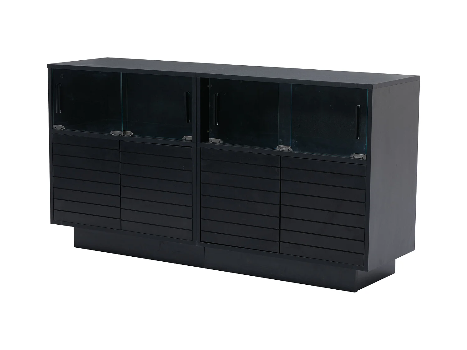 Buffet 130x35x68cm avec 4 portes coulissantes en verre et 4 portes battantes noir, LED inclus