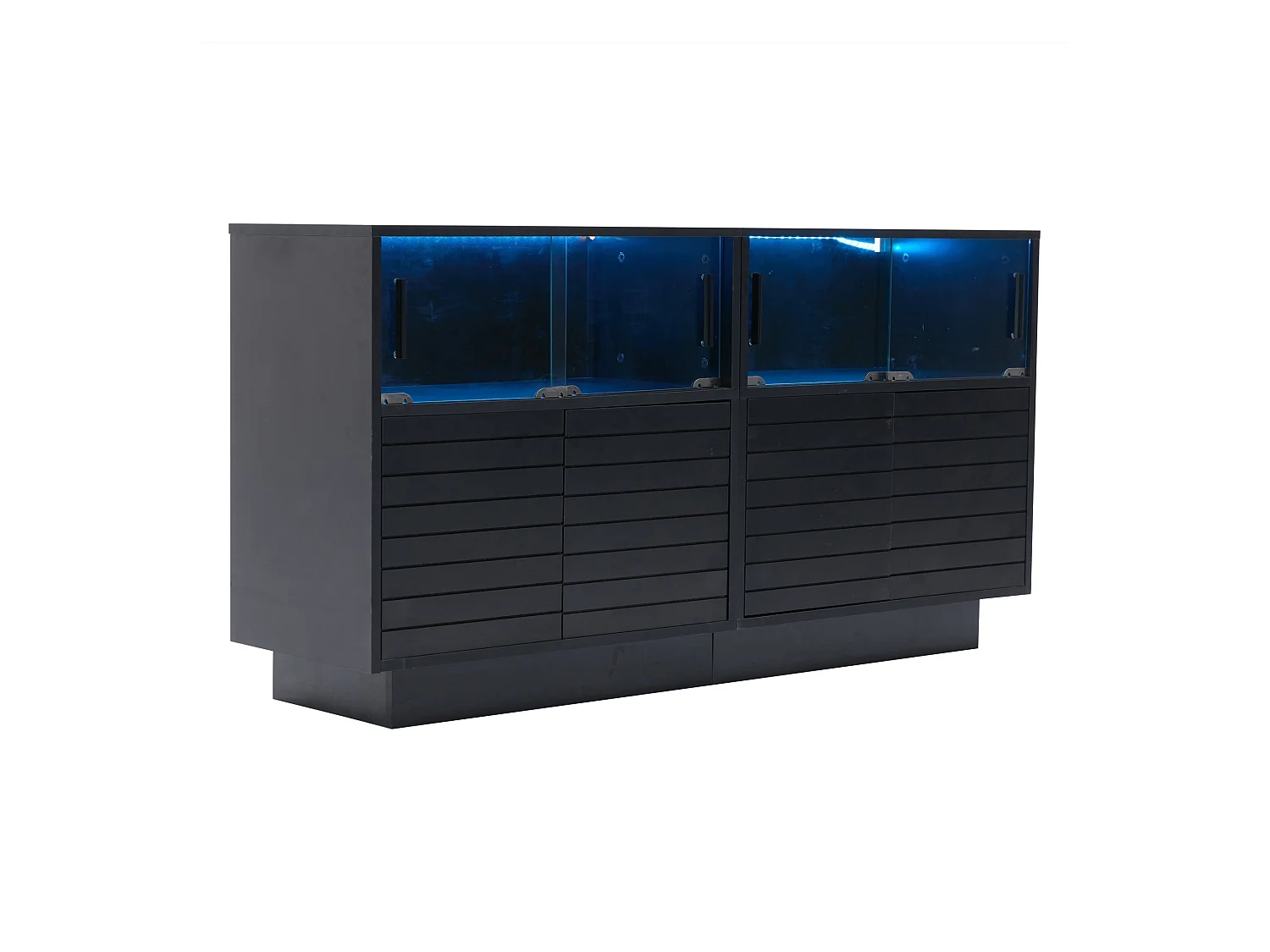Buffet 130x35x68cm avec 4 portes coulissantes en verre et 4 portes battantes noir, LED inclus
