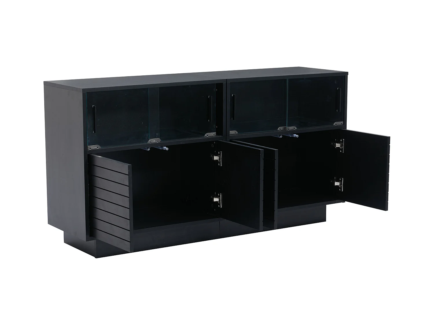 Buffet 130x35x68cm avec 4 portes coulissantes en verre et 4 portes battantes noir, LED inclus