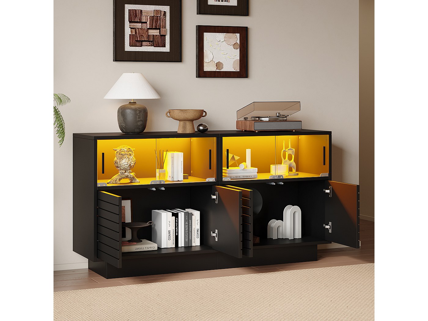 Credenza Bianca Lucida Con Luci A LED, Moderna Credenza In Legno A 3 Ante Con Telecomando Per Cucina Soggiorno Sala Da Pranzo Corridoio 83126702