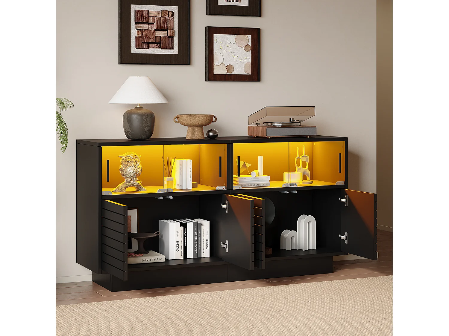 Buffet 130x35x68cm avec 4 portes coulissantes en verre et 4 portes battantes noir, LED inclus
