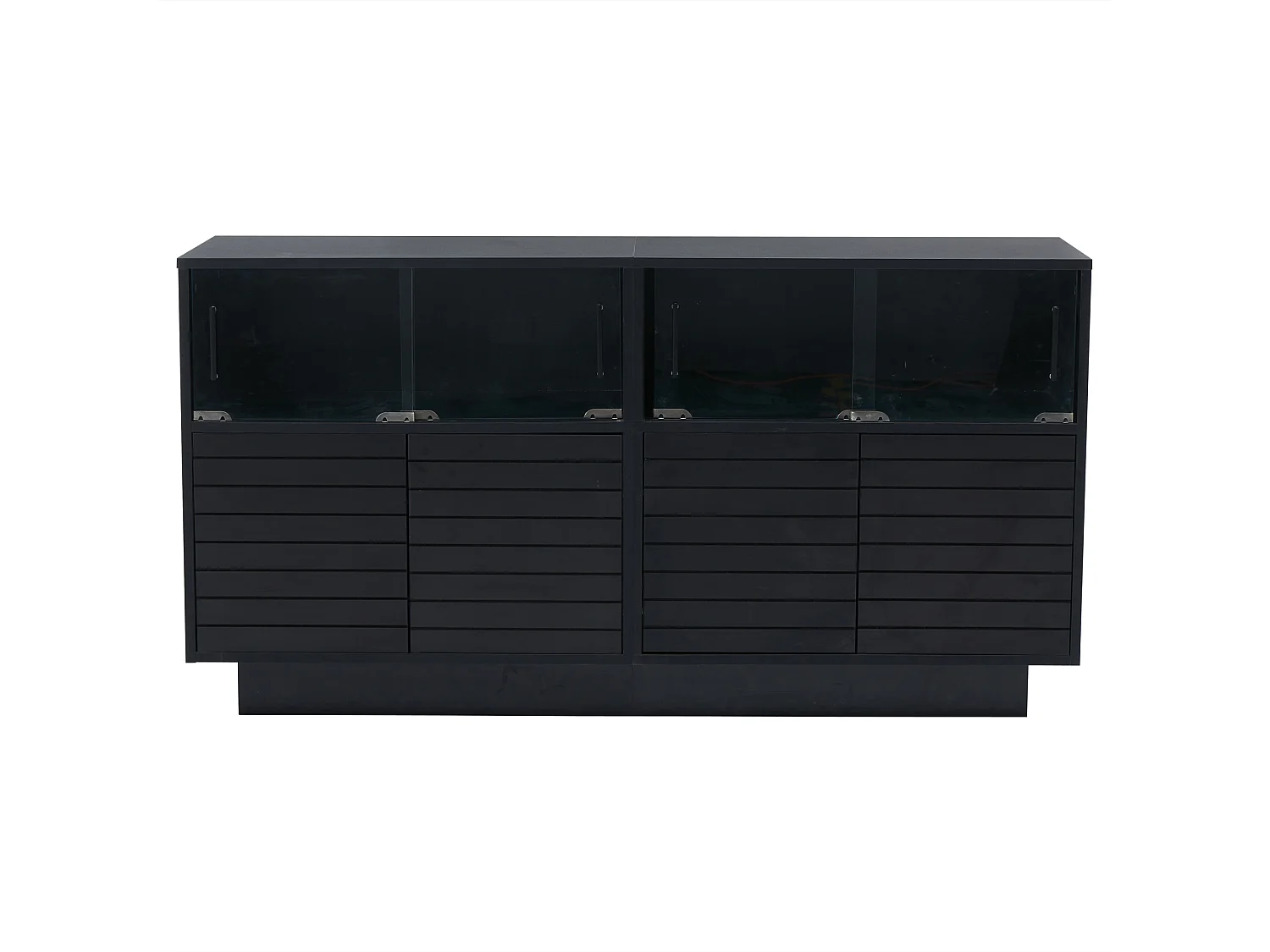 Buffet 130x35x68cm avec 4 portes coulissantes en verre et 4 portes battantes noir, LED inclus