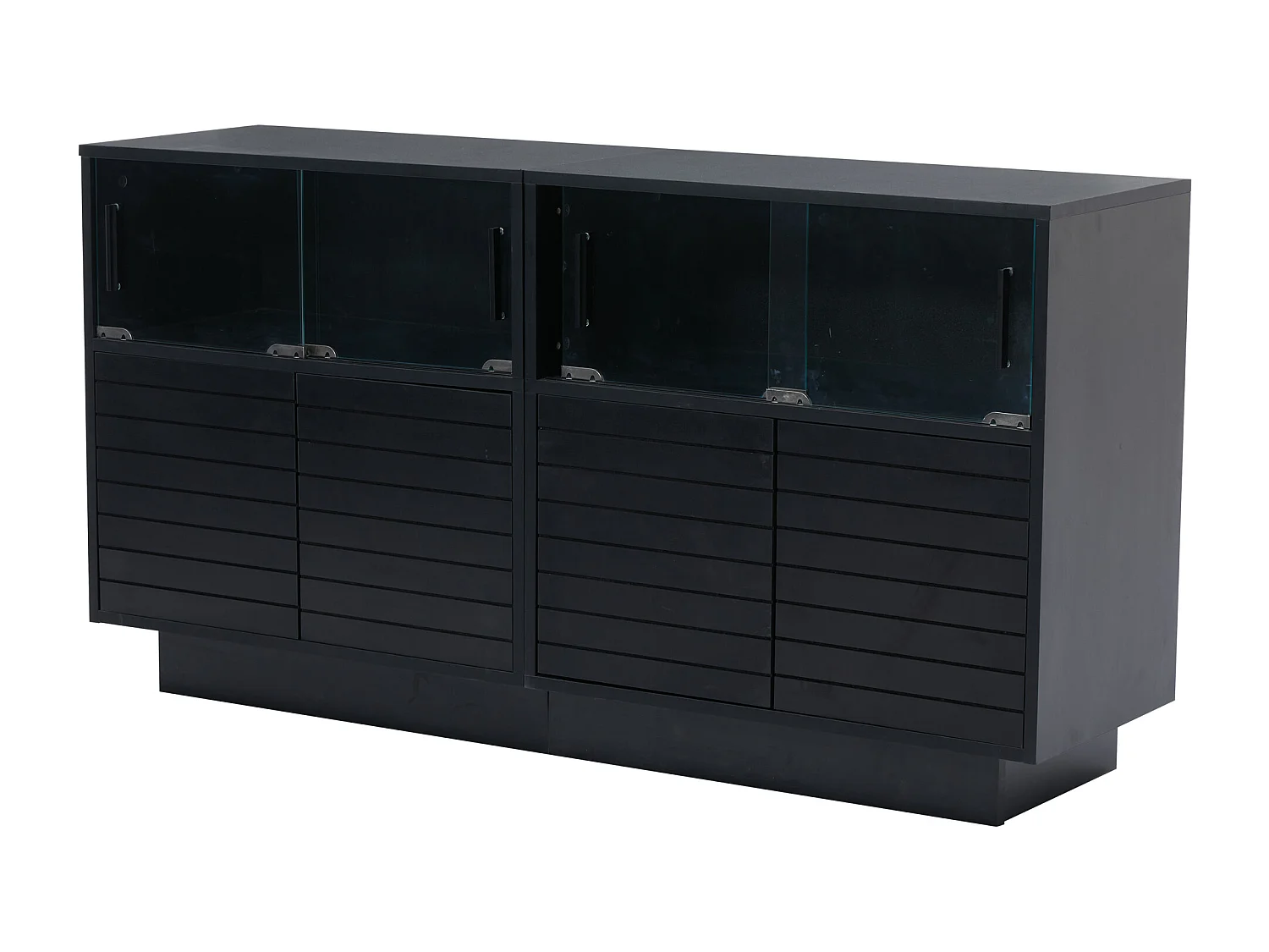 Buffet 130x35x68cm avec 4 portes coulissantes en verre et 4 portes battantes noir, LED inclus
