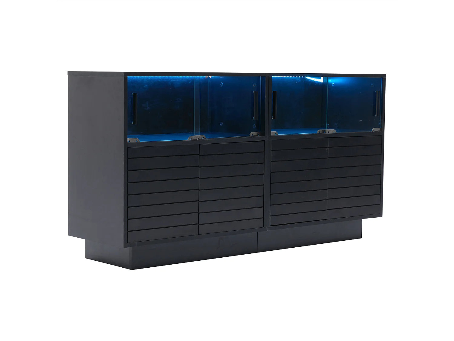Buffet 130x35x68cm avec 4 portes coulissantes en verre et 4 portes battantes noir, LED inclus