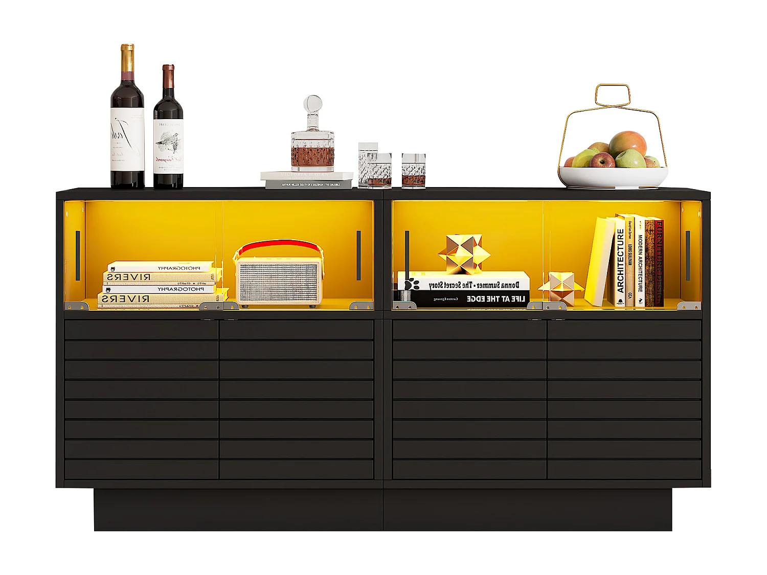 Buffet 130x35x68cm avec 4 portes coulissantes en verre et 4 portes battantes noir, LED inclus