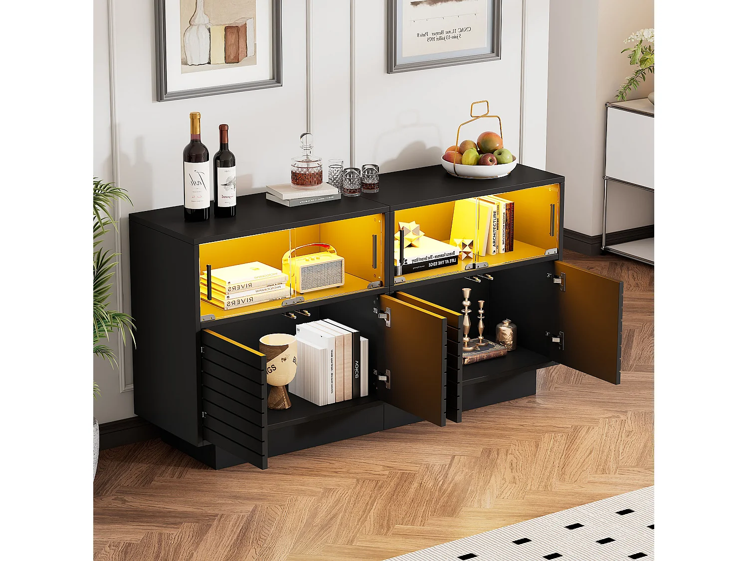 Buffet 130x35x68cm avec 4 portes coulissantes en verre et 4 portes battantes noir, LED inclus